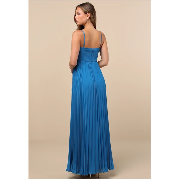 Lulus Jolette Blue Pleated Knot-Front A-Line Skirt Chiffon Maxi Dress NWT Small - Picture 2 of 15